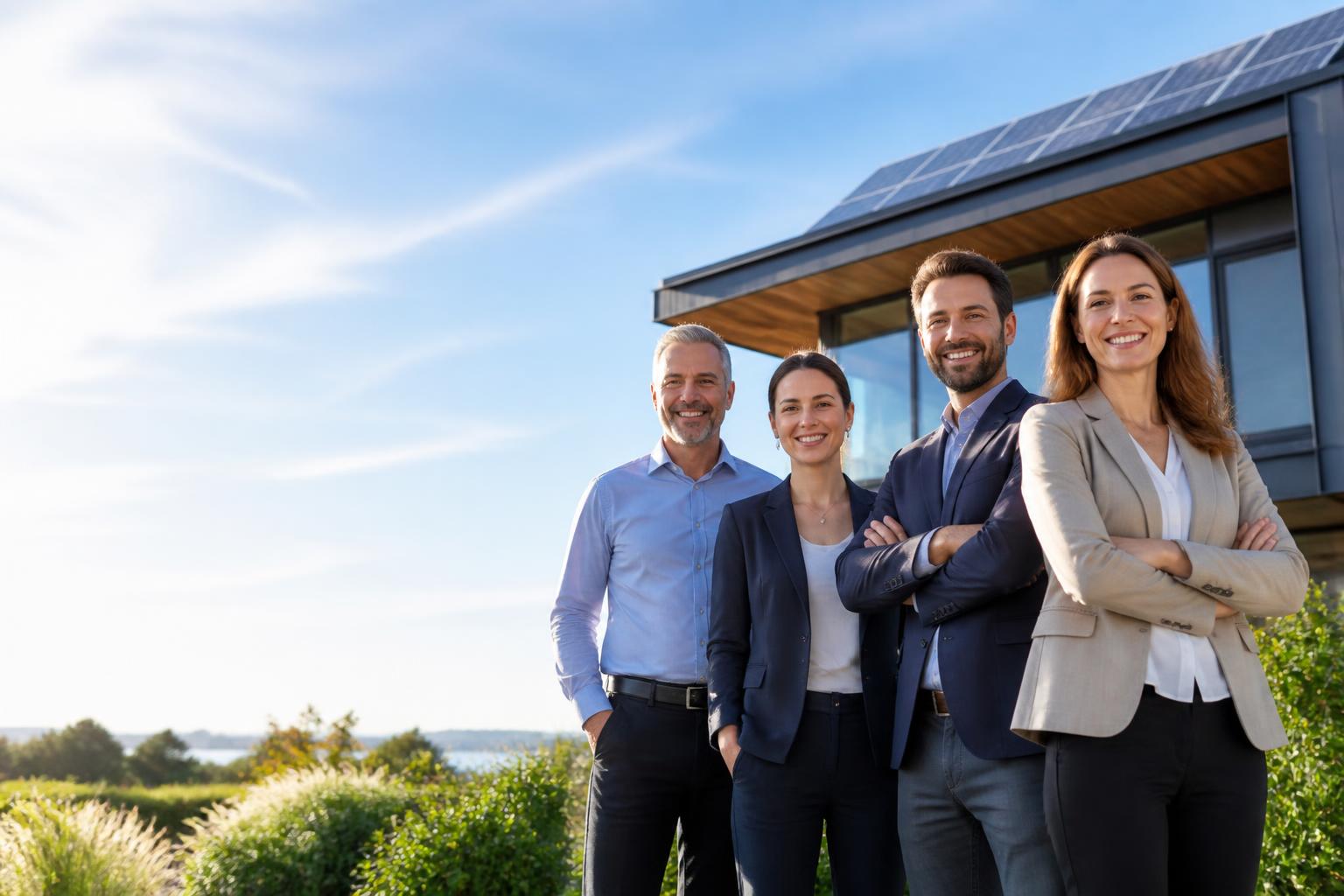 EUNOVA Beraterteam vor modernem Gebäude mit Photovoltaik