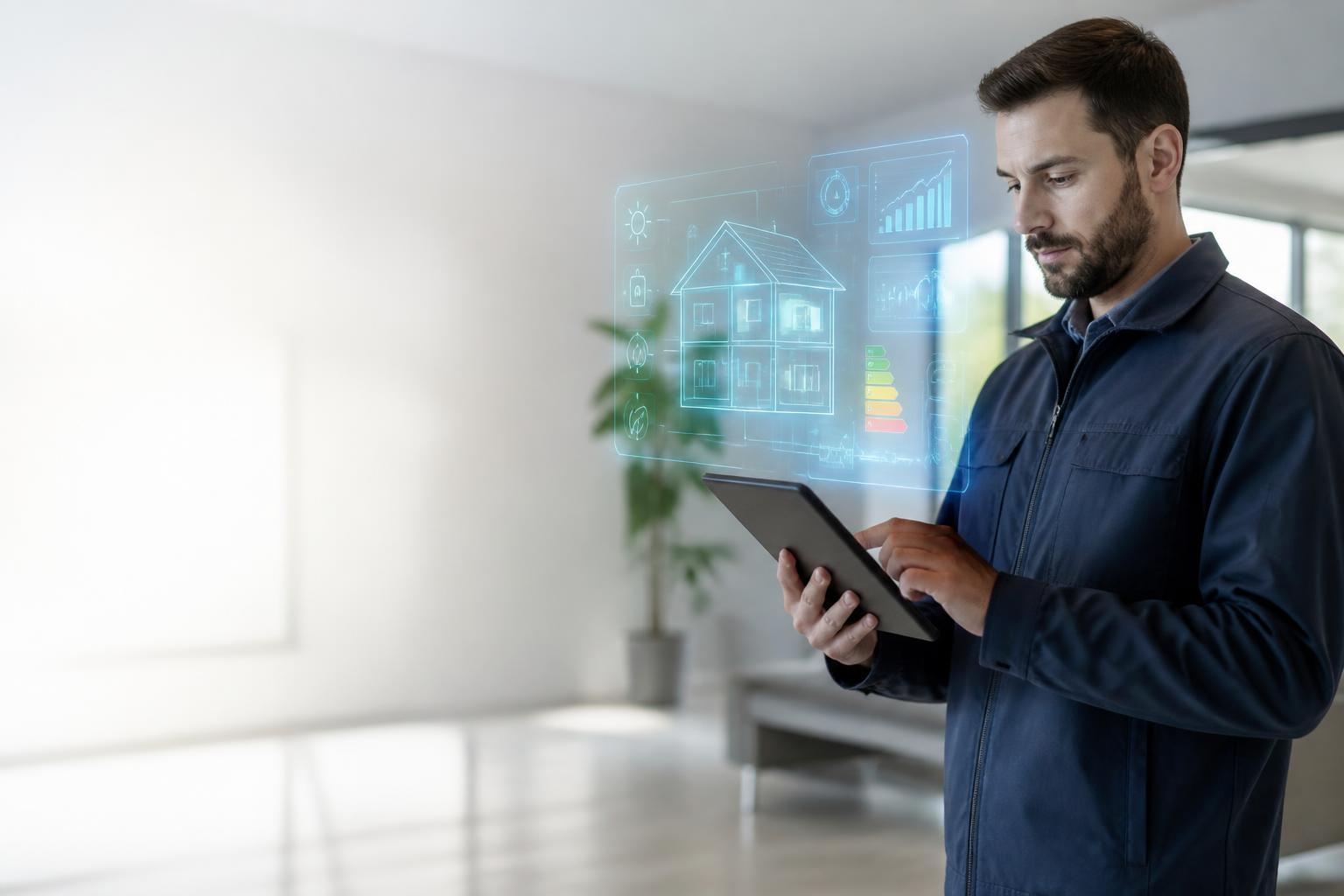 Techniker analysiert Photovoltaik-Anlage mit Tablet und Energie-Datenanalyse