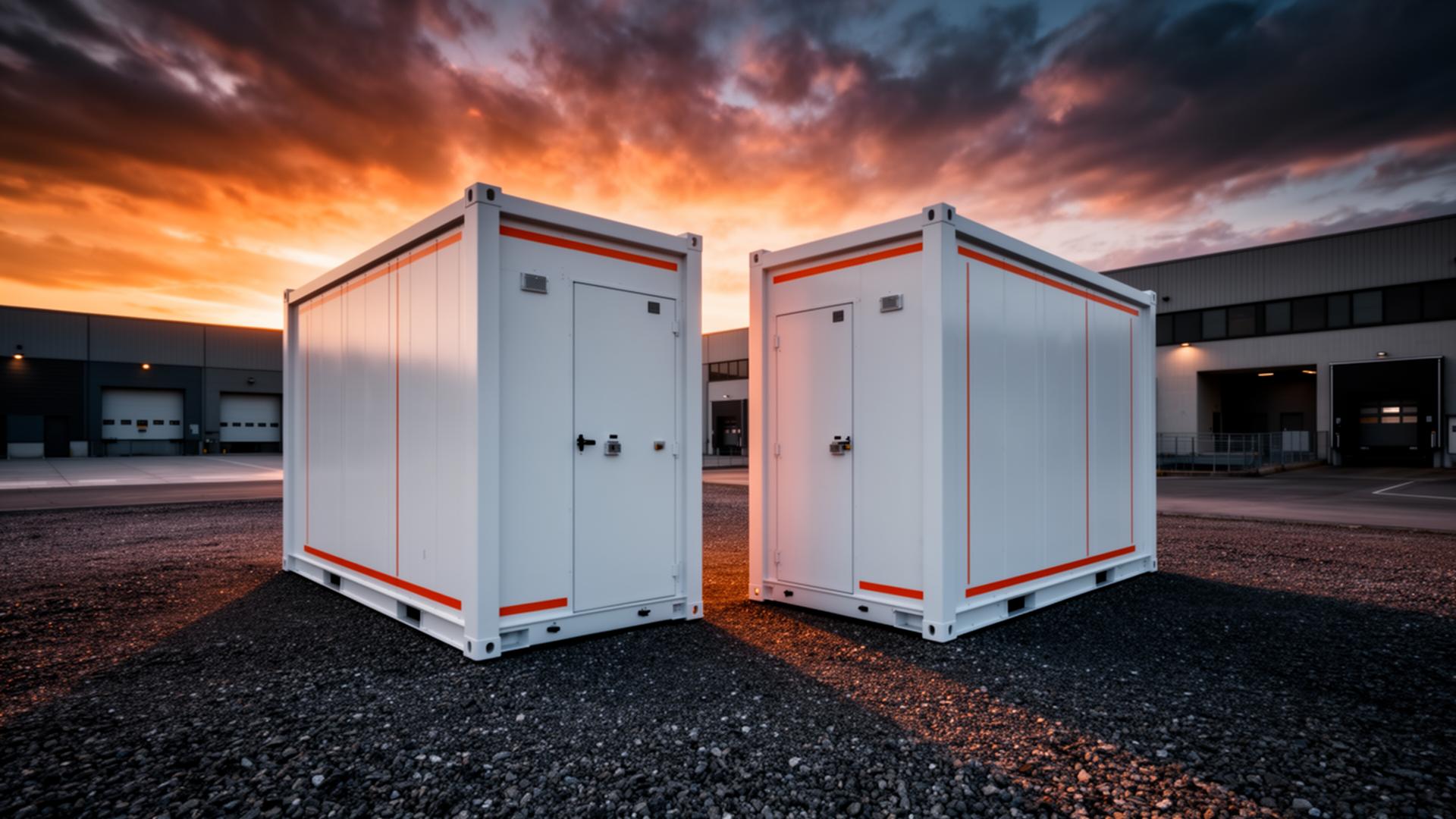 Zwei vernetzte Schwarmspeicher-Batteriecontainer im Sonnenuntergang