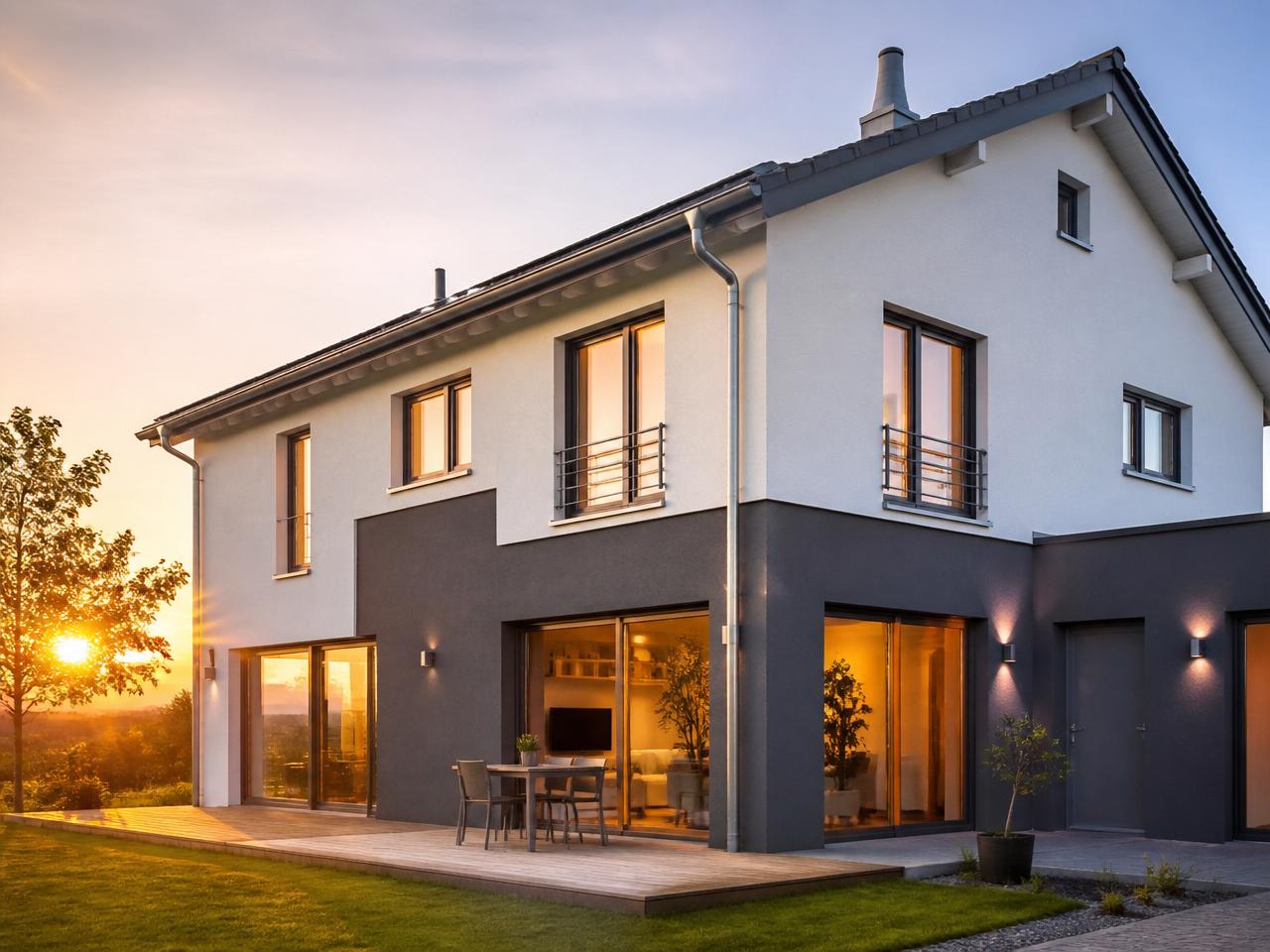 Energetisch saniertes modernes Wohnhaus mit frischer Fassade bei Sonnenuntergang