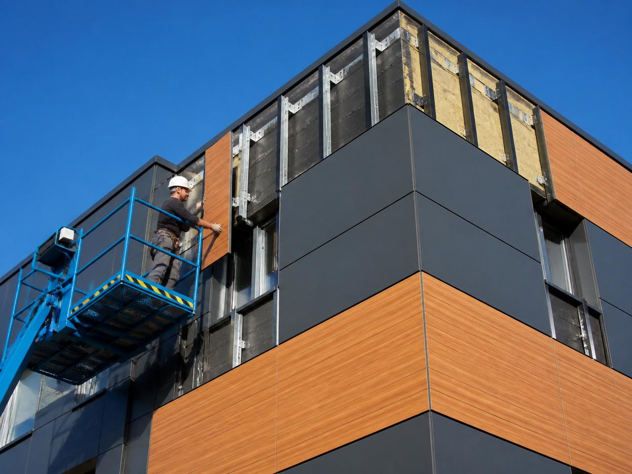 Montage einer modernen vorgehängten hinterlüfteten Fassade an einem Gebäude