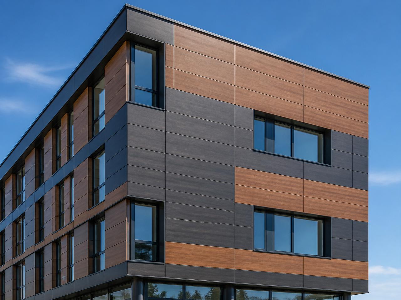 Modernes Gebäude mit vorgehängter hinterlüfteter Fassade aus Holz- und Anthrazit-Paneelen