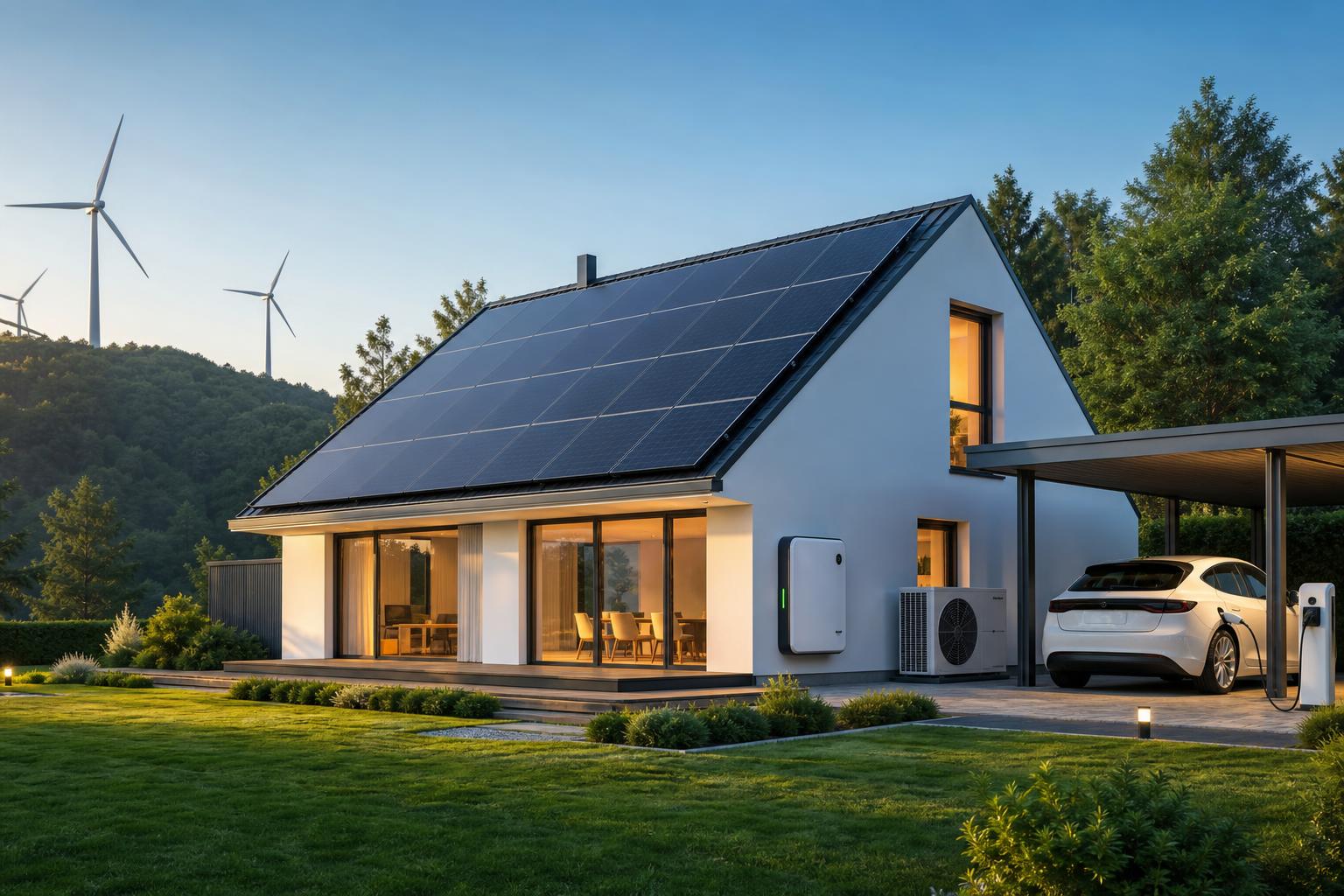 Intelligentes Energiesystem: Haus mit Photovoltaik, Speicher, Wärmepumpe und Ladestation