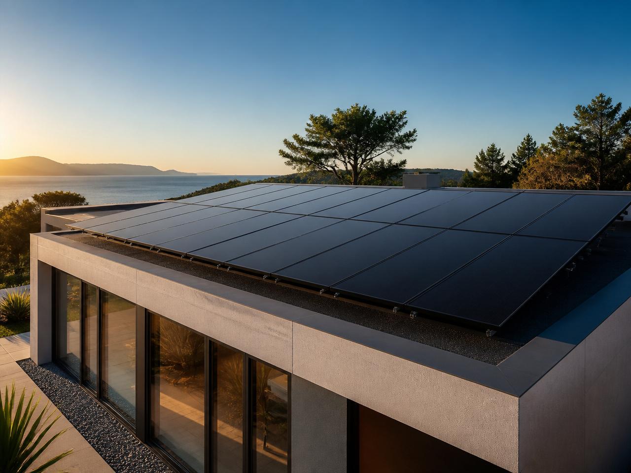 Modernes Haus mit hochwertiger schwarzer Photovoltaik-Anlage auf dem Dach